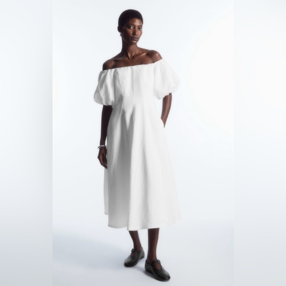 Cos Off Shoulder Puff Sleeve Midi Dress Linen Blend White Size 8